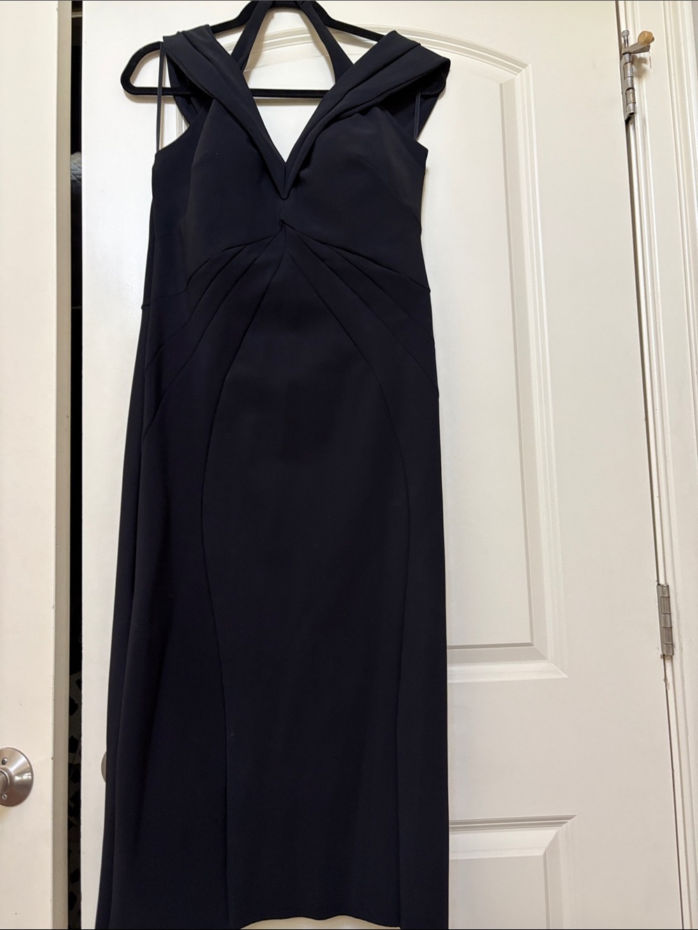 Chiara Boni Navy-Black V-Neck Sleeveless Maxi with Sculpted Waist Pleats